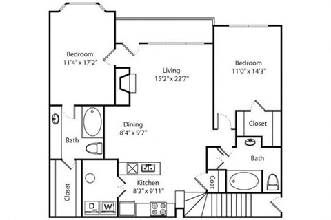 Floor plan for 2 beds, 2 baths, 1315 sqft